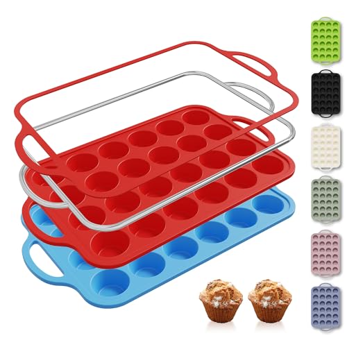2 Packs 24 Cups Silicone Muffin Pan with Metal Reinforced Frame Mini Size Cupcake Pan Tray Egg Bites Silicone Circle Cookie Molds Muffin Tin Tart Pans Baking Sheet Set for Breakfast Sandwiches (2pc: 24-Cup Mini / Red & Blue)