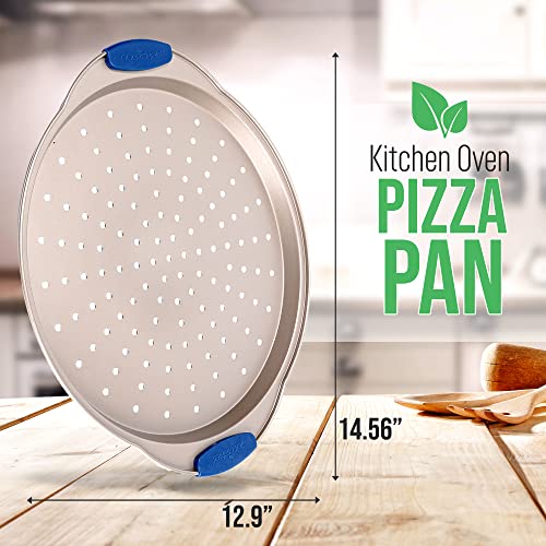13-Inch Non-Stick Pizza Tray with Silicone Handle - Perforated Round Steel Pan, Dishwasher Safe - 2 Pack - Champagne Gold (Champagne Gold / 2 Pack)