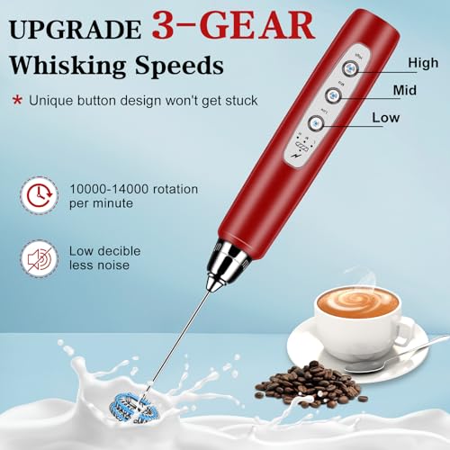 Milk Frother Wand Rechargeable Handheld Whisk Coffee 3 Speed Adjustable (Frother with stand / Red)