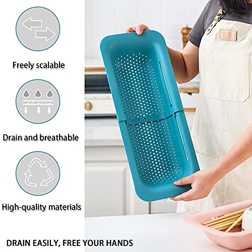 Collapsible Sink Colanders and Strainers Basket Over the Colander Extendable Plastic Fruit Vegetable Strainer Drainer for Kitchen (I-Double Green)