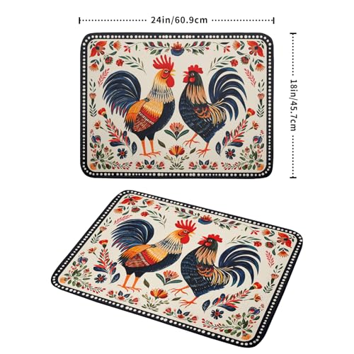 Rooster Poultry Dish Drying Mat for Kitchen Counter 18x24 Inch Microfiber Absorbent Colorful Printing Drying Pad (Chicken Art White / 24" x 18")