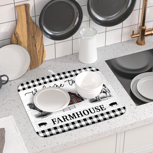 Farmhouse Barn Dish Drying Mat 16x18 Inch Cow Rooster Absorbent Microfiber Dish Drainer Rack Pad Bottles Protector for Kitchen Counter (farm barn / 16" x 18")