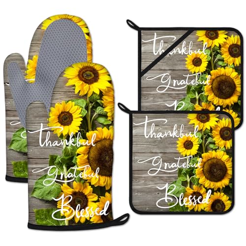 Sunflower Wood Grain Oven Mitts and Pot Holders Sets Heat Resistant 4Pcs Potholders Oven Gloves Hot Pads for Kitchen Baking Cooking Grilling BBQ (Thankful Grateful Blessed)