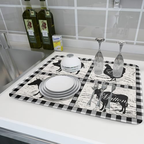 Farmhouse Animal Dish Drying Mat Buffalo Plaid Drainer Rack Mats Fast Dry Absorbent Kitchen Countertop Protector Dishes Pad 18x24 Inch (farmhouse animal / 18" x 24")
