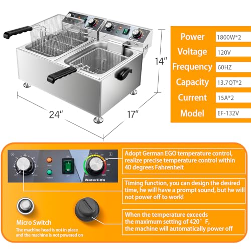 Deep Fryer Commercial Deep Fryers With Basket13Lx2 13.7Qt x 2 Thicken With Precise Temperature Control Timer Double Deep Fryer With 2 Baskets1800Wattsx2 120V Countertop Fryer Restaurant (26L 3600W)