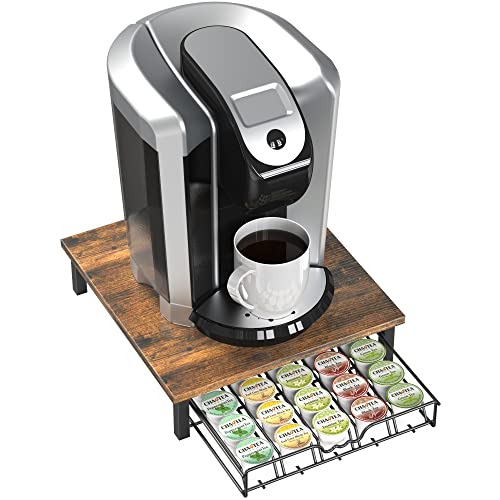 K Cup Holder Drawer for 30 Coffee Pods Storage (30 Capsules / Rustic Brown with Wood Top)