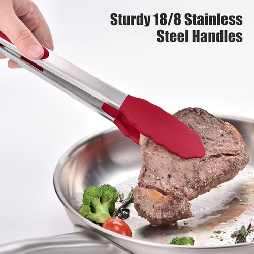 Kitchen Tongs with Silicone Tips for Cooking Serving (12in / Red)