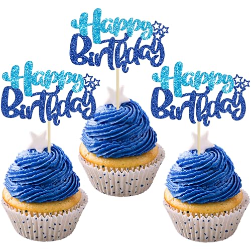 24Pcs Happy Birthday Cupcake Toppers Double Layer Glitter Happy Birthday Cake Decorations for Baby Shower Theme Kids Boys Girls Birthday Anniversary Party Decorations Supplies Blue (24 Count)