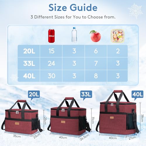 Cooler Bag 50 Cans Collapsible and Insulated Large Lunch Bag Leakproof Soft Cooler Portable for Camping (50-Can(30L) / Burgendy)