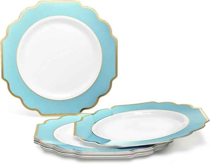 " OCCASIONS " 200 Piece set (25 Guests)-Wedding Plastic Plates & cutlery -Disposable heavyweight Dinnerware 10.5'', 8''+Silverware+Cups+Napkins (Imperial Aqua & Gold))