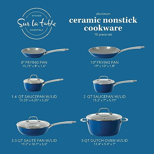 Kitchen Essentials 10 Piece PFA Free Titanium Ceramic Nonstick Interior Forged Aluminum Cookware Pots and Pans Set (Blue / 10-Piece Cookware Set)