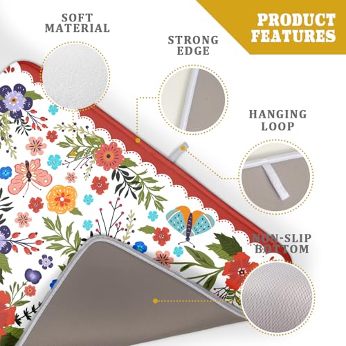 Large Microfiber Dish Drying Mat Red Floral Absorbent Drying Pad for Kitchen Counter (Light Flowers Red / 24" x 18")