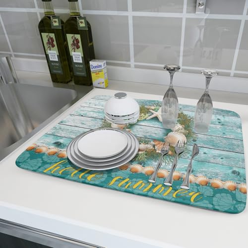 Coastal Wreath Dish Drying Mat 18x24 inch Starfish Shell Absorbent Microfiber Dish Rack Mats Drainer Pad Kitchen Countertop Accessories (Coastal Wreath / 18" x 24")