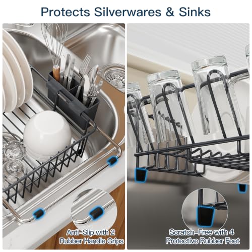 Grey Expandable Dish Drying Rack Over Sink with Anti (Gray / For 11.5"-16" W Sink with Cup Holder)