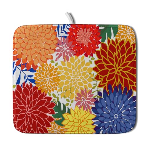 Modern Floral Dish Drying Mat 16x18 in Multicolored Tropical Drying Pad for Kitchen Counter (Modern Florals Colorful / 18" x 16")