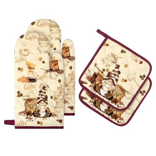 Coffee Gnome Oven Mitts and Pot Holders Set (Coffee / Oven Mitt x2 & Pot Holder x2)