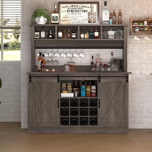 55” Farmhouse Coffee Bar with 4 Tier Storage Hutch (55.1Inch / Grey)