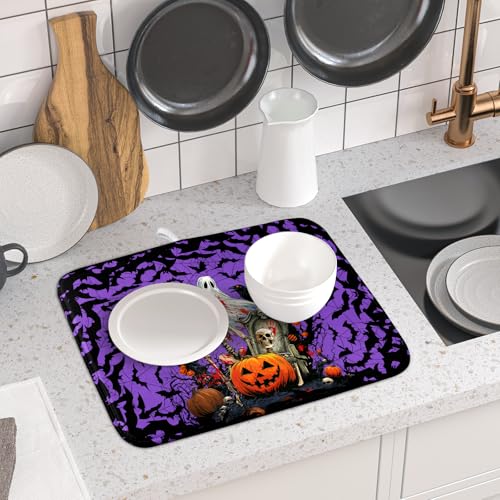 Halloween Pumpkin Dish Drying Mat 16x18 inch Spooky Ghost Bat Dish Rack Mats Microfiber Draining Pad Fast Dry Holiday Kitchen Accessories (Halloween Purple / 16x18 inch)