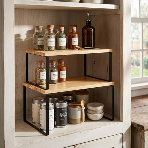 Large Cabinet Shelf Organizers Solid Wood Spice Rack Organizer for Cabinet Kitchen Countertop Storage