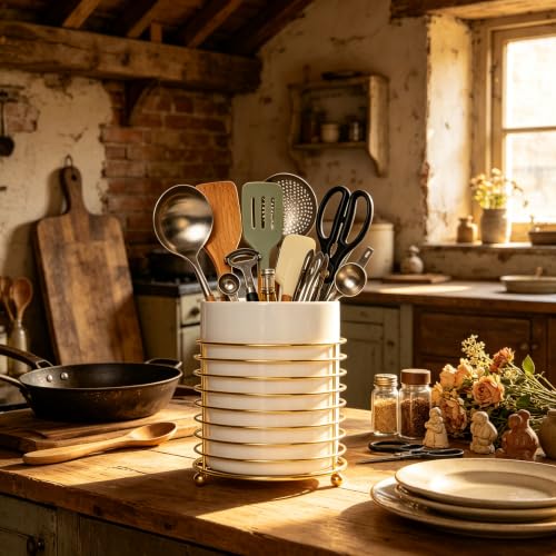 Utensil Holder for Kitchen Counter Large Cooking Utensil Holder (XL / White Gold)
