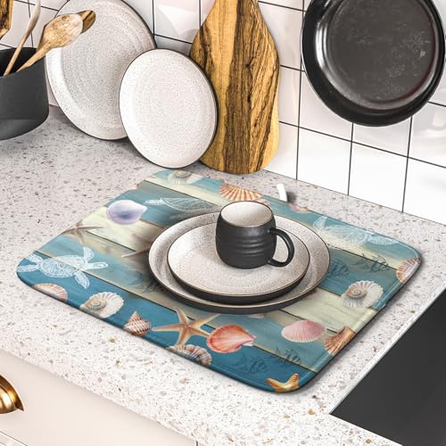 Coastal Starfish Dish Drying Mat Summer Sea Turtle Drainer Rack Mat Absorbent Microfiber Kitchen Countertop Protector Dishes Pad 16x18 inch (Starfish Turtle Wood / 16" x 18")