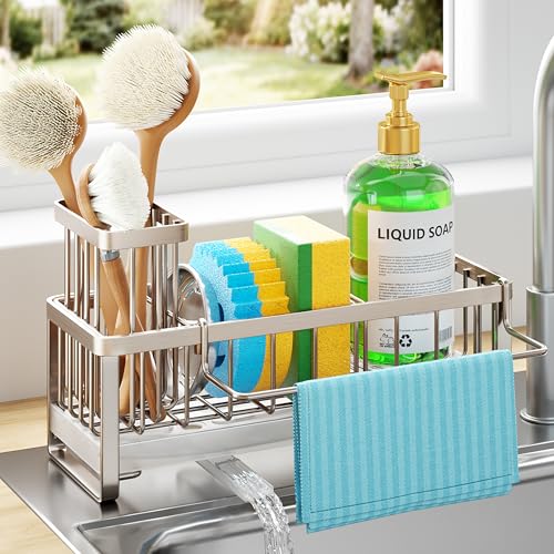 Sponge Holder for Kitchen Sink (Brushed Nickel / with Dishcloth Holder)