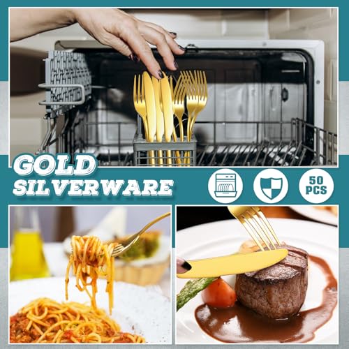 50 Pieces Stainless Steel Forks Silverware Set Dinner Forks and Knives Flatware Tableware Cutlery Set for Kitchen Restaurant (8.07 x 0.94 Inch, 9.06 x 0.79 Inch / Gold)