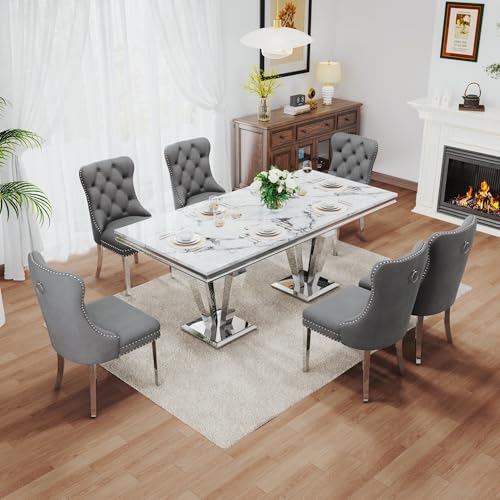 7 Piece Luxury Dining Room Set (Silver White + Grey / Dining Table + 6 Velvet Chair)