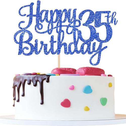 1 PCS Happy 35th Birthday Cake Topper Glitter Cheers to 35 Years Birthday Cake Pick Thirty Five 35 Fabulous Cake Decoration for Happy 35th Birthday Theme Party Decorations Supplies Blue (Blue / 35th)