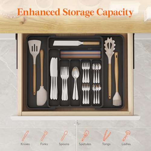 Expandable Silverware Drawer Organizer (Black / Large Deep（11.8-19.6'W x 15''D）)