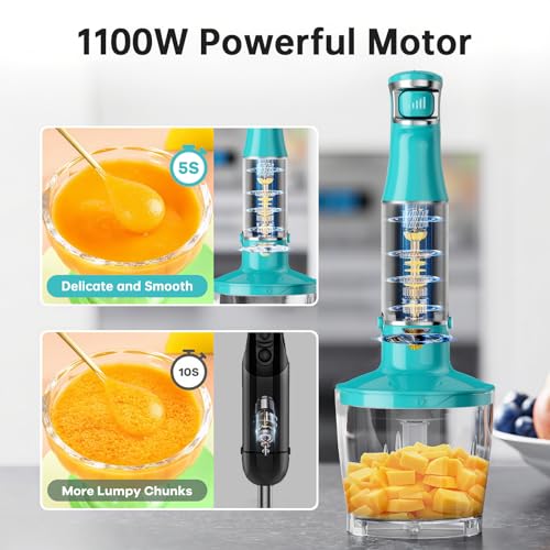 Immersion Blender Handheld 5 in 1 Hand Blender Set 1100W Heavy Duty (Cyan Blue / 5 in 1)