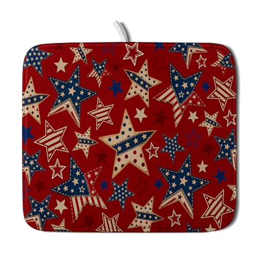 4th of July Dish Drying Mat for Kitchen Counter Patriotic Red Absorbent Dishes Dryer Pad (Patriotic Stars Red / 18" x 16")