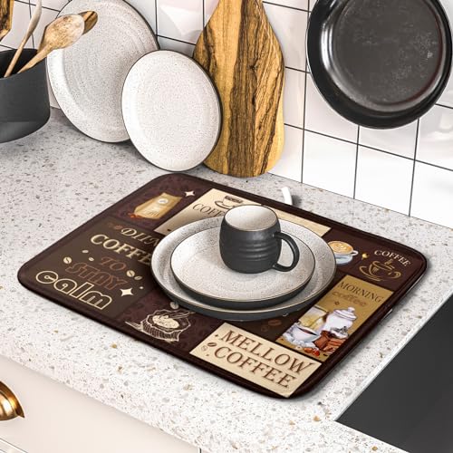 Brown Coffee Dish Drying Mat 16x18 Inch Coffee Cup Espresso Machine Pad Absorbent Washable Dish Rack Pad for Kitchen Counter Cafe Bar (brown coffee / 16" x 18")