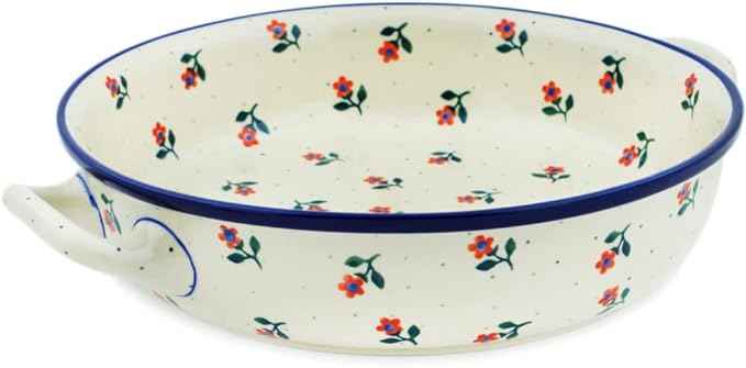 Polmedia Polish Pottery Round Baker with Handles 10-inch - Full Bloom Pattern Handmade in Boleslawiec Poland by Ceramika Artystyczna + Certificate of Authenticity