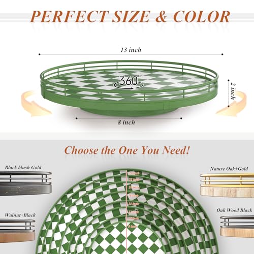 13 Inch Green and White Checkerboard Lazy Susan with Rubberwood Base (Green & White / 13 inches)