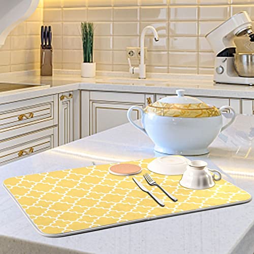 Super Absorbent Dish Drying Mat (Quatrefoil Lattice Yellow Pattern / 18" x 24")