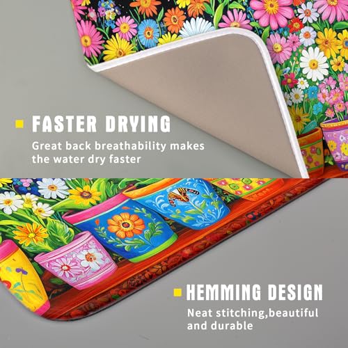 Colorful Floral Dish Drying Mat 16 X 18 Black Spring Flowers Absorbent Microfiber Kitchen Decor Counter Mats (Vintage Flowers Colorful / 18" x 16")