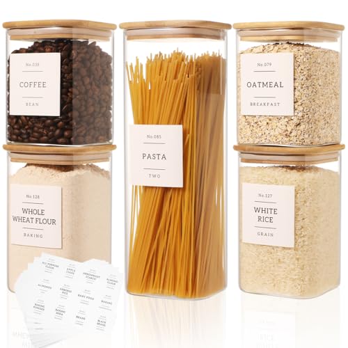 5 Pack Square Glass Pantry Storage Containers with 132 Kitchen Food Pantry Labels