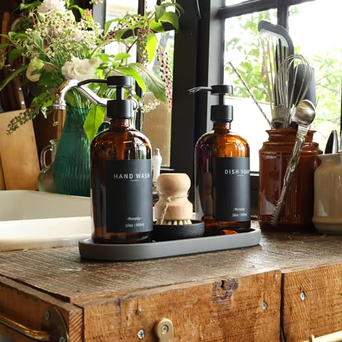 Set of 5 Kitchen Soap Dispenser Set 16 Oz Glass Hand Dish Soap Dispenser with Stainless Steel Pump (Brown)