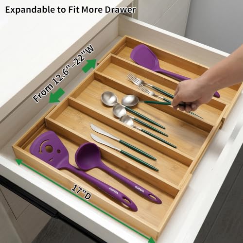 Bamboo Expandable Kitchen Drawer Organizer Silverware Utensil Tray (Natural / Large)