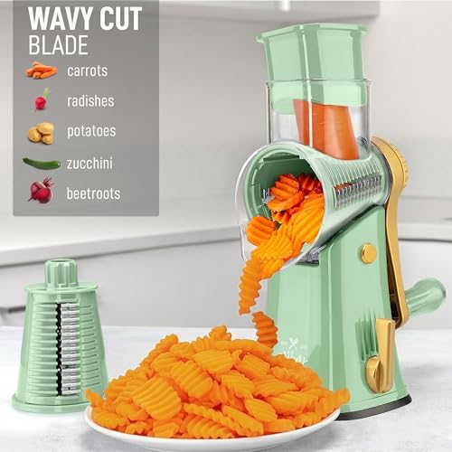 Rotary Cheese Grater Manual Hand Crank 5 Blade Shredder (5 Blades / Sea Foam & Gold)