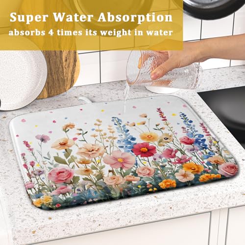 Colorful Flower Dish Drying Mat 16x18 Inch Botanical Floral Drainer Rack Mats Washable Absorbent Dish Dry Pad for Kitchen Counter Sink (Colorful Flower / 16" x 16")