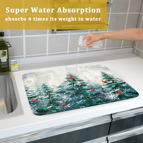 Pine Tree Dish Drying Mat for Kitchen Countertop Red Bird Dishes Mats Winter Decorative Absorbent Reversible Drainer Rack Pad 18x24 Inch (Pine Red Bird / 18" x 24")