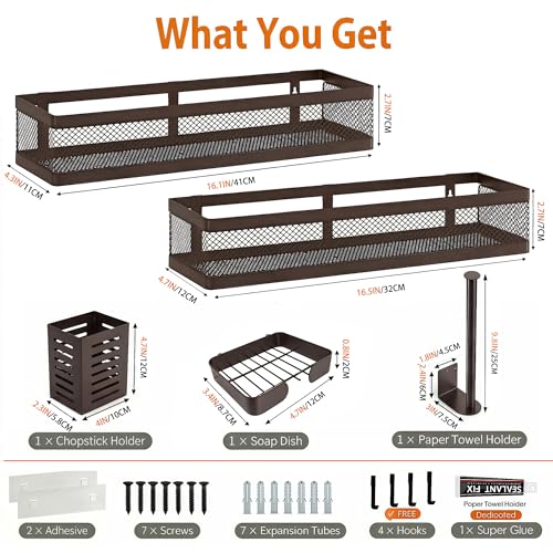 5-in-1 16.5" Extra Long Slim Wall Mount Wrapped Mesh Kitchen Organizer & Shower Caddy Kit, with Paper Towel Holder, Utensil Holder, Soap Dish, Holds 50LBS - Vintage Bronze, Netting (Vintage Bronze / 5-in-1 Full Mesh (16.5" Extra Long))