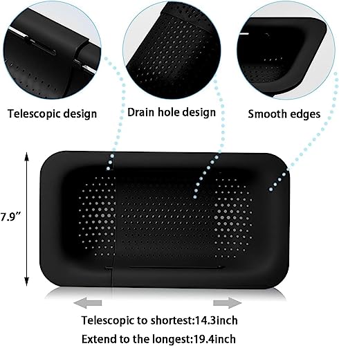 Collapsible Sink Colanders and Strainers Basket Extendable Plastic Fruit Vegetable Strainer Drainer Basket for Kitchen (J-Double Black)