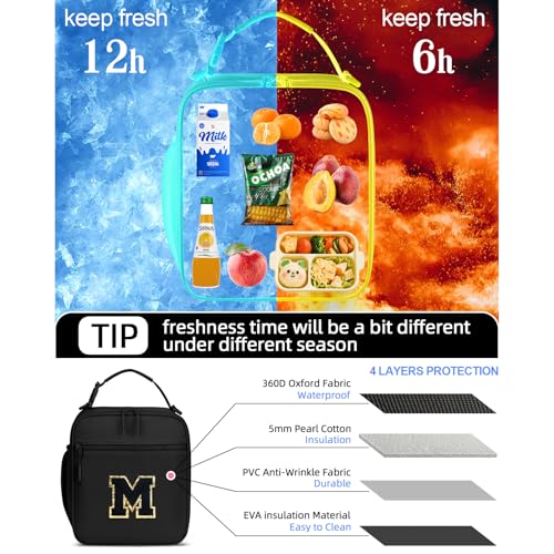 Lunch Box Kids Large Initial Insulated Lunch Bag for Girls (Black / M)
