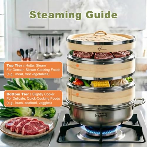 Bamboo Steamer Basket with Stainless Steel Rim 12 Inch Dumpling Steamer Kit (Bamboo Steamer / 12 Inch)