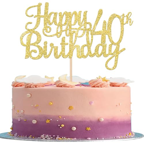 1 PCS Happy 40th Birthday Cake Topper Gold Glitter Cheers to 40 Years Birthday Cake Pick 40 Fabulous Cake Decoration for Happy 40th Birthday Anniversary Party Decorations Supplies (Gold / 40th)