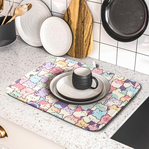 Colorful Cats Dish Drying Mat 16x18 inch Cute Animal Microfiber Reversible Fast Dry Dishes Drainer Rack Pad for Counter Kitchen Table Decor (Colorful Cats / 16" x 18")