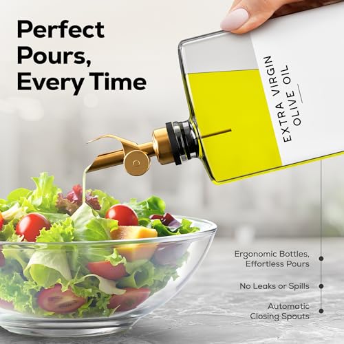 Glass Olive Oil Dispenser Bottle for Kitchen by Brighter Barns (Clear/Gold)